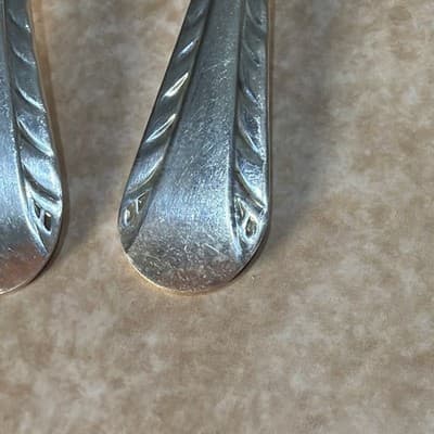 Vintage Sterling Silver Baby Fork Spoon Set Chevron Or Feather Edge 33 Grams - Thumbnail 2