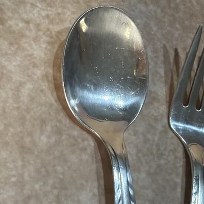 Vintage Sterling Silver Baby Fork Spoon Set Chevron Or Feather Edge 33 Grams - Thumbnail 5