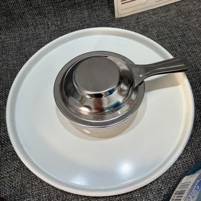Vintage MCM Fondue Set White Brown Stripes Porcelain Enamel on Steel Japan - Thumbnail 8