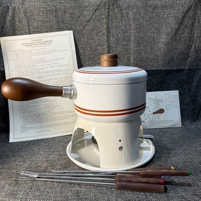 Vintage MCM Fondue Set White Brown Stripes Porcelain Enamel on Steel Japan