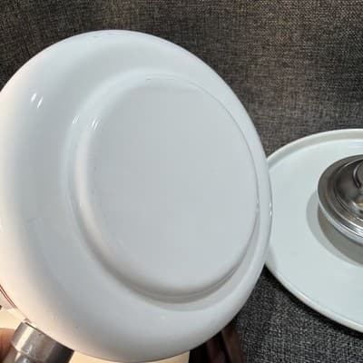 Vintage MCM Fondue Set White Brown Stripes Porcelain Enamel on Steel Japan - Thumbnail 7