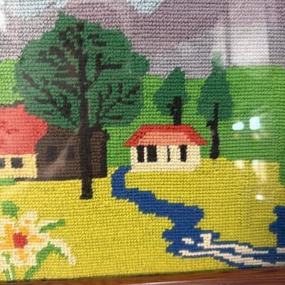 Vintage Wood Framed Crewel Embroidery Landscape Country Farm Scene Picture 19” - Thumbnail 3