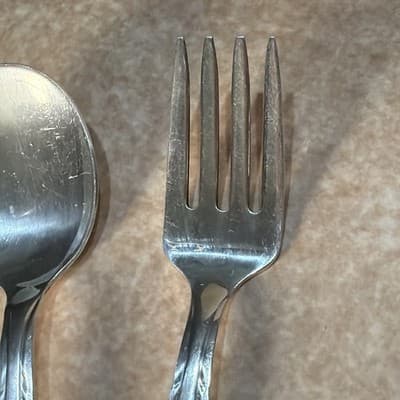 Vintage Sterling Silver Baby Fork Spoon Set Chevron Or Feather Edge 33 Grams - Thumbnail 4