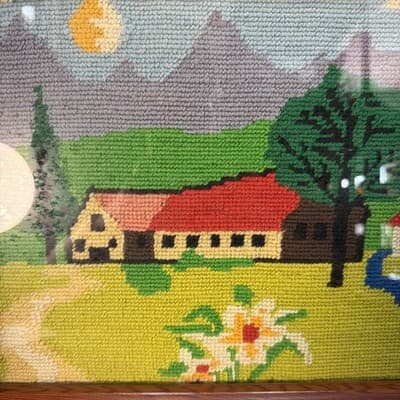 Vintage Wood Framed Crewel Embroidery Landscape Country Farm Scene Picture 19” - Thumbnail 2