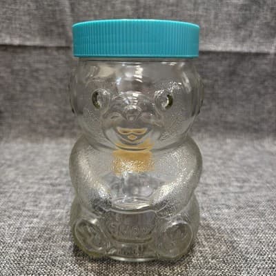 Vintage Glass Skippy Peanut Butter Teddy Bear Jar - 48 Oz 7.5 Inches Tall Blue - Thumbnail 2