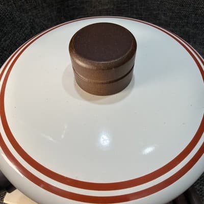 Vintage MCM Fondue Set White Brown Stripes Porcelain Enamel on Steel Japan - Thumbnail 13