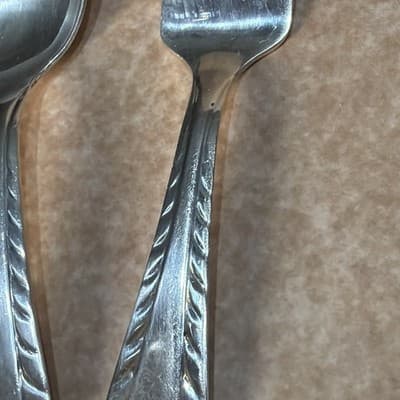 Vintage Sterling Silver Baby Fork Spoon Set Chevron Or Feather Edge 33 Grams - Thumbnail 3