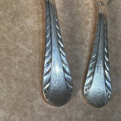 Vintage Sterling Silver Baby Fork Spoon Set Chevron Or Feather Edge 33 Grams - Thumbnail 6
