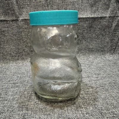 Vintage Glass Skippy Peanut Butter Teddy Bear Jar - 48 Oz 7.5 Inches Tall Blue - Thumbnail 5