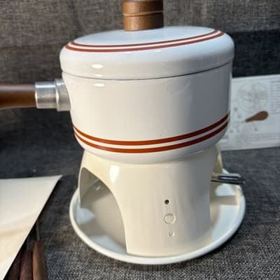 Vintage MCM Fondue Set White Brown Stripes Porcelain Enamel on Steel Japan - Thumbnail 4