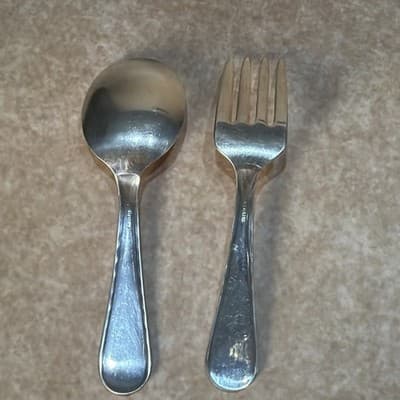 Vintage Sterling Silver Baby Fork Spoon Set Chevron Or Feather Edge 33 Grams - Thumbnail 7