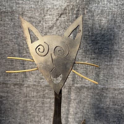 Vintage Iron Cat w Mouse 1990’s Artist Chris Seeman Atomic Style Handcrafted 18” - Thumbnail 3