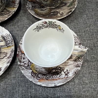 Set of 6 Vintage Yorkshire Staffordshire Ironstone Teacups & Saucers Farm Scene - Thumbnail 3