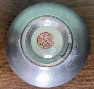 Japanese Porcelain Ware Pewter Encased Bowl Hong Kong ACE Green Gold Grasshopper - Thumbnail 5
