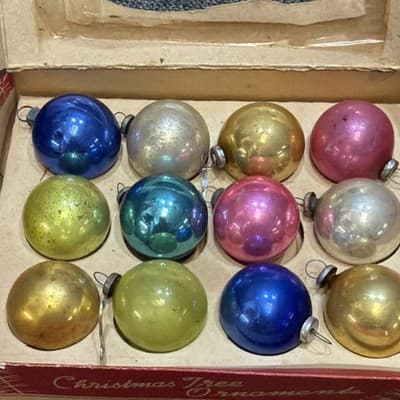 14 Vintage Miniature 1” Mercury Glass Christmas Ornaments Feather Tree In Box - Thumbnail 10