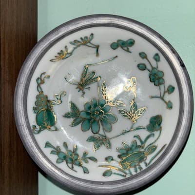 Japanese Porcelain Ware Pewter Encased Bowl Hong Kong ACE Green Gold Grasshopper - Thumbnail 3