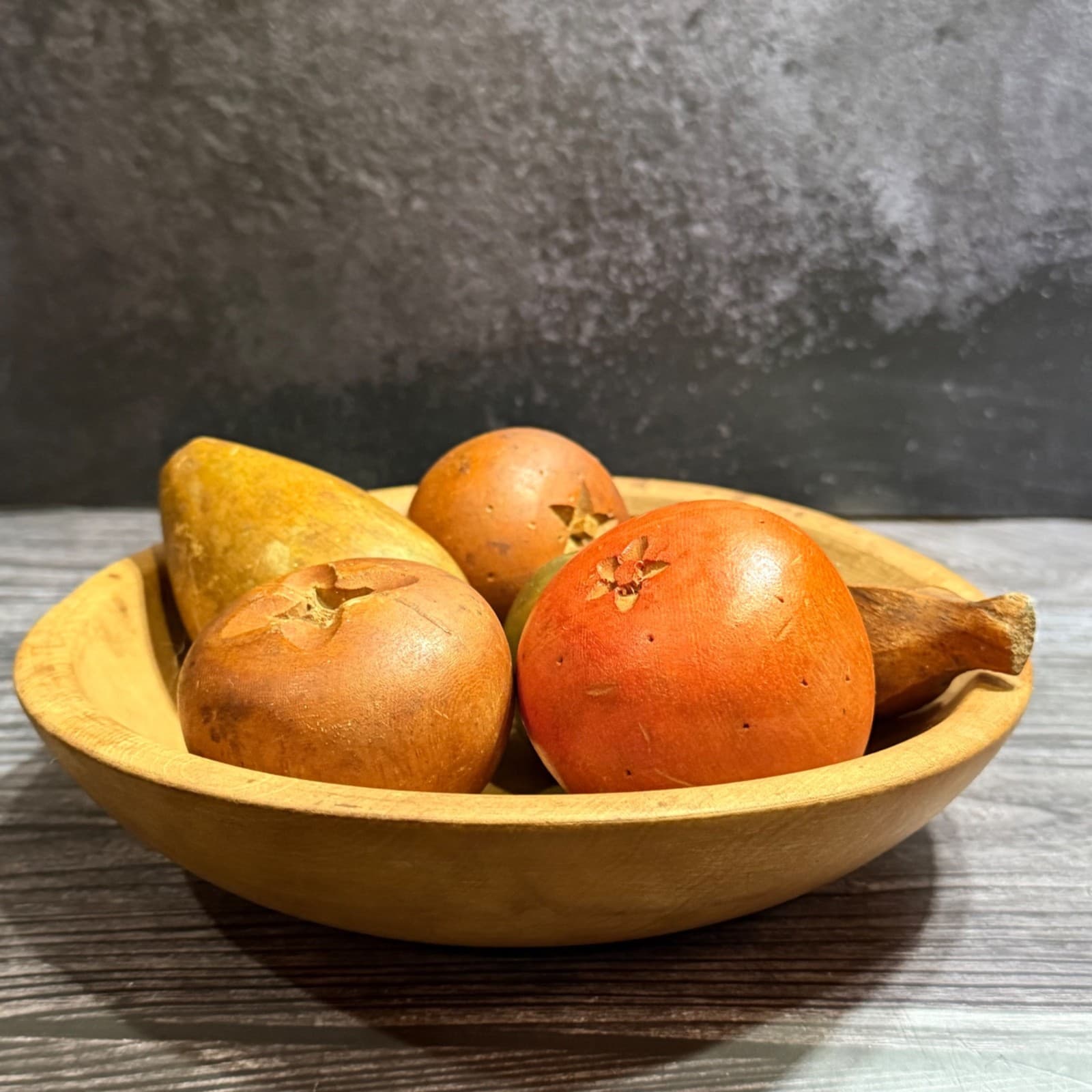 Antique Hand Carved Wooden Bowl & Fruit Set - Vintage Decorative Display Piece - Thumbnail 2