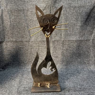Vintage Iron Cat w Mouse 1990’s Artist Chris Seeman Atomic Style Handcrafted 18” - Thumbnail 5