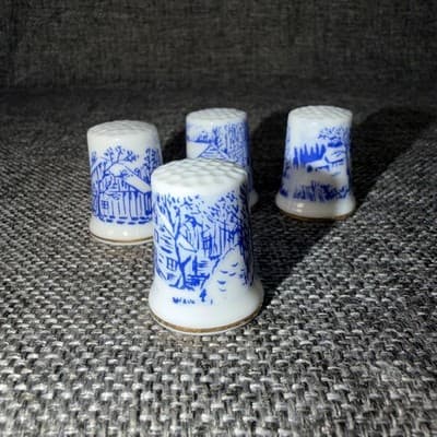 4 Vintage Ceramic Thimbles Sewing Americana Blue Transferware China Made Japan - Thumbnail 3