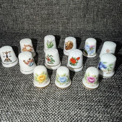 Vintage Ceramic Porcelain Thimbles Lot of 13 Mixed & Floral Sewing Trinkets - Thumbnail 2