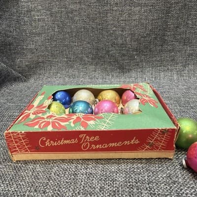 14 Vintage Miniature 1” Mercury Glass Christmas Ornaments Feather Tree In Box - Thumbnail 3