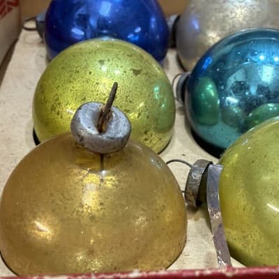 14 Vintage Miniature 1” Mercury Glass Christmas Ornaments Feather Tree In Box - Thumbnail 16