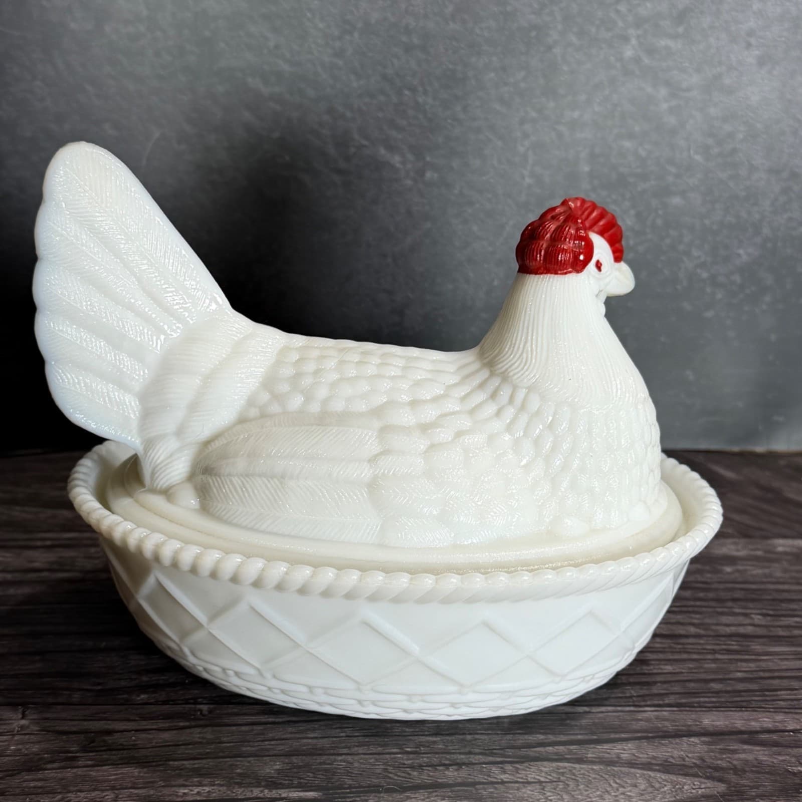 Milk Glass Hen On Nest Westmoreland Covered Dish Vintage White Red HON - Thumbnail 6