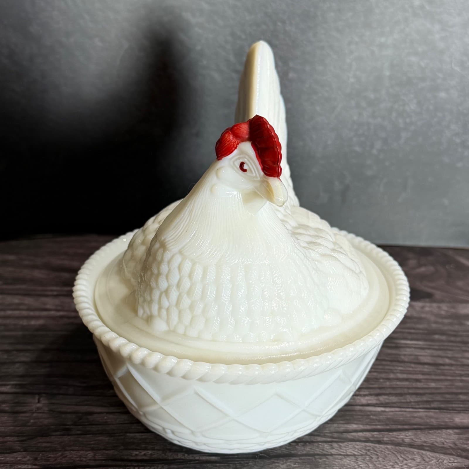 Milk Glass Hen On Nest Westmoreland Covered Dish Vintage White Red HON - Thumbnail 5