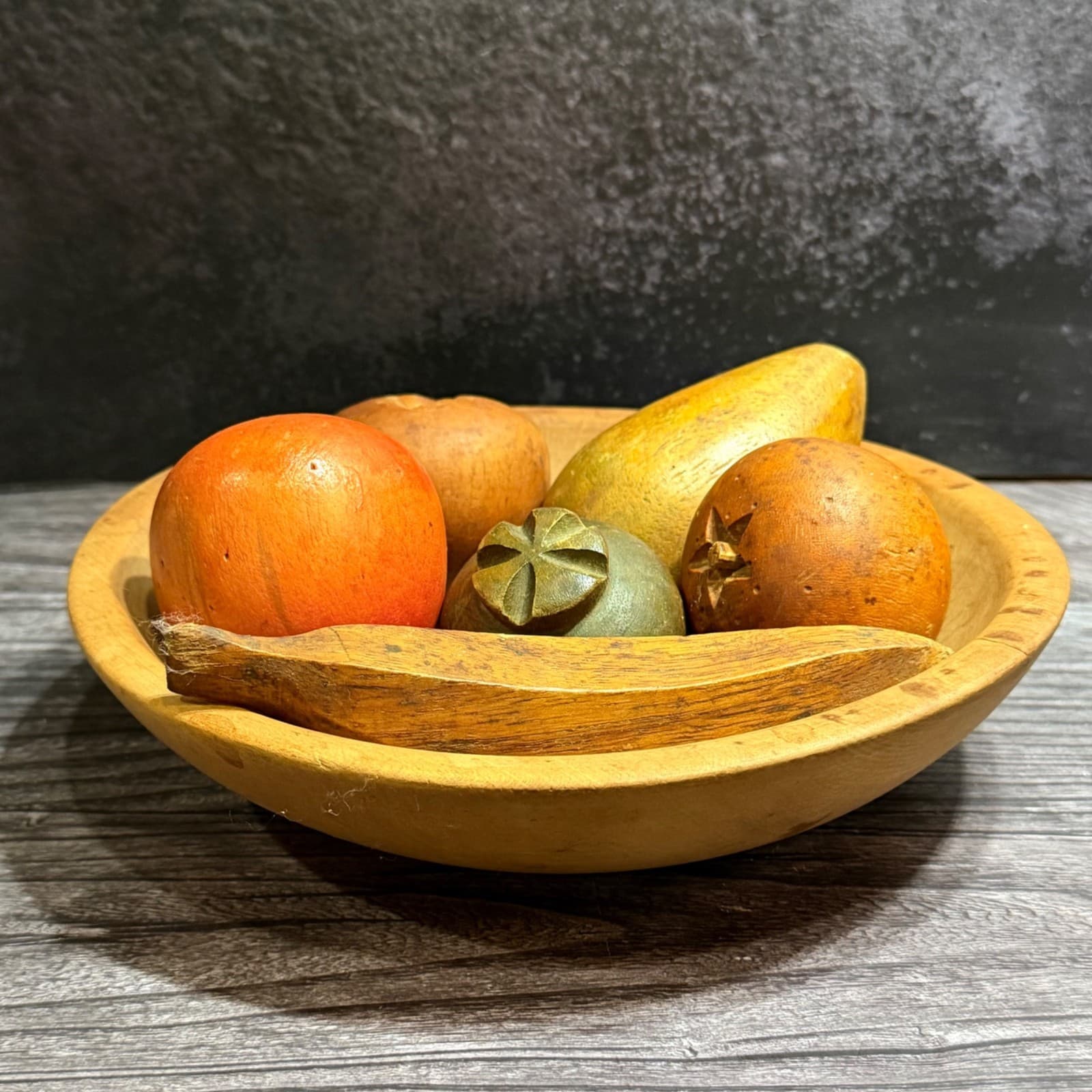 Antique Hand Carved Wooden Bowl & Fruit Set - Vintage Decorative Display Piece - Thumbnail 3