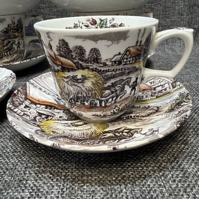 Set of 6 Vintage Yorkshire Staffordshire Ironstone Teacups & Saucers Farm Scene - Thumbnail 2