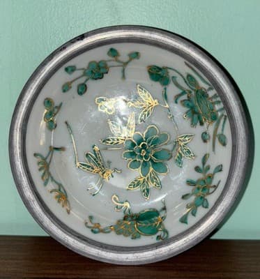 Japanese Porcelain Ware Pewter Encased Bowl Hong Kong ACE Green Gold Grasshopper - Thumbnail 2