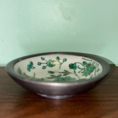 Japanese Porcelain Ware Pewter Encased Bowl Hong Kong ACE Green Gold Grasshopper - Thumbnail 4