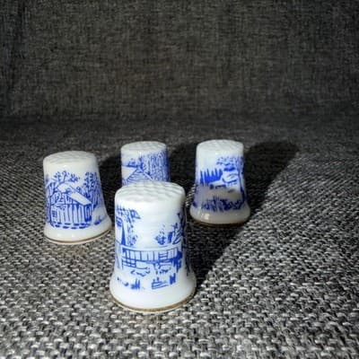 4 Vintage Ceramic Thimbles Sewing Americana Blue Transferware China Made Japan - Thumbnail 2