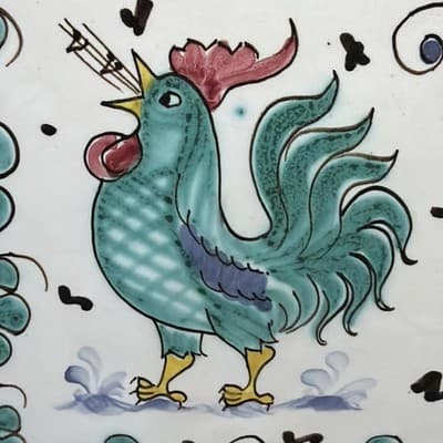 Vintage PV Deruta Italy Singing TEAL ROOSTER Peasant Valley Salad Plate 8" Chip - Thumbnail 4