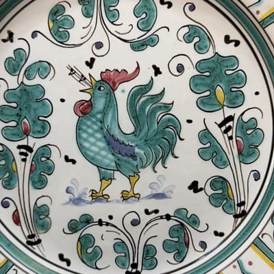 Vintage PV Deruta Italy Singing TEAL ROOSTER Peasant Valley Salad Plate 8" Chip - Thumbnail 2