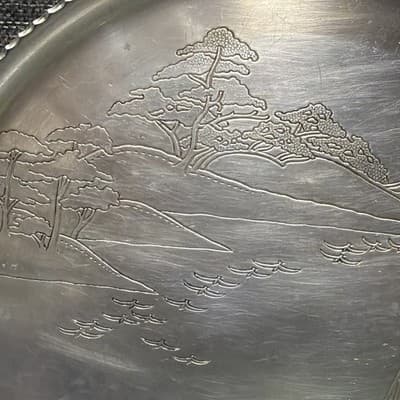 Aluminum Serving Tray Metal Asian Landscape Engraved Bonsai Trees Birds Vintage - Thumbnail 3
