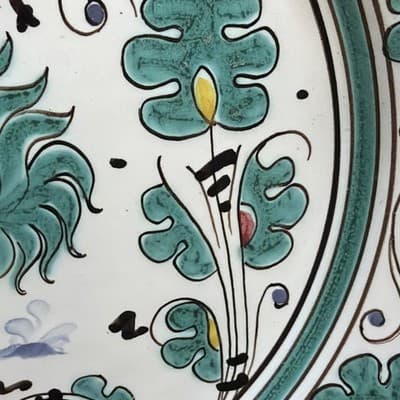 Vintage PV Deruta Italy Singing TEAL ROOSTER Peasant Valley Salad Plate 8" Chip - Thumbnail 5