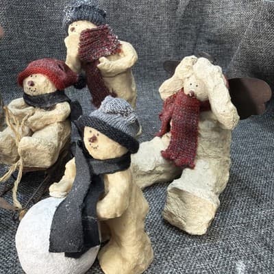 10 Pc Rustic Paper Mache Clay Look Snowman Choir Sleds Christmas Tree Figurines - Thumbnail 4