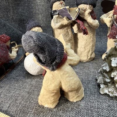 10 Pc Rustic Paper Mache Clay Look Snowman Choir Sleds Christmas Tree Figurines - Thumbnail 14