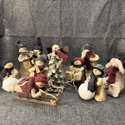 10 Pc Rustic Paper Mache Clay Look Snowman Choir Sleds Christmas Tree Figurines - Thumbnail 2