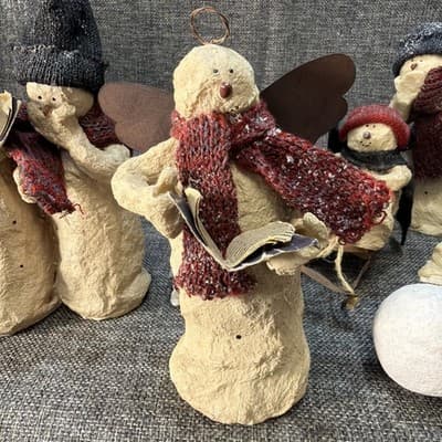 10 Pc Rustic Paper Mache Clay Look Snowman Choir Sleds Christmas Tree Figurines - Thumbnail 17