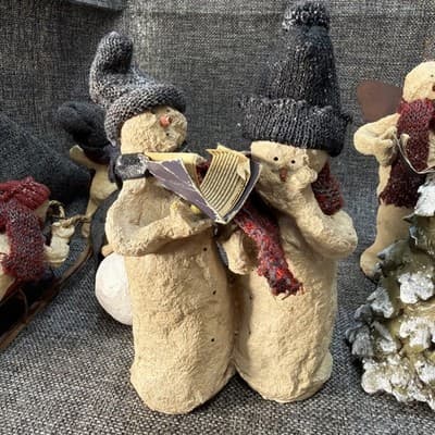 10 Pc Rustic Paper Mache Clay Look Snowman Choir Sleds Christmas Tree Figurines - Thumbnail 15
