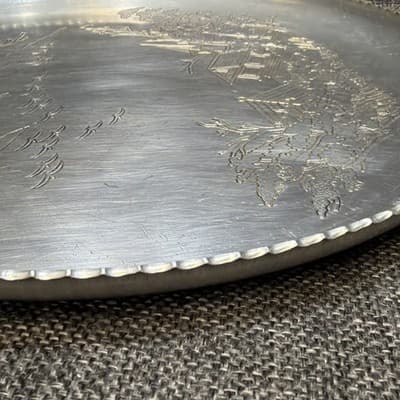 Aluminum Serving Tray Metal Asian Landscape Engraved Bonsai Trees Birds Vintage - Thumbnail 7