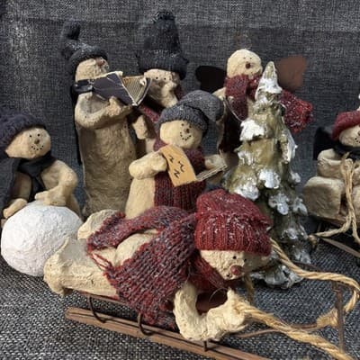 10 Pc Rustic Paper Mache Clay Look Snowman Choir Sleds Christmas Tree Figurines - Thumbnail 3