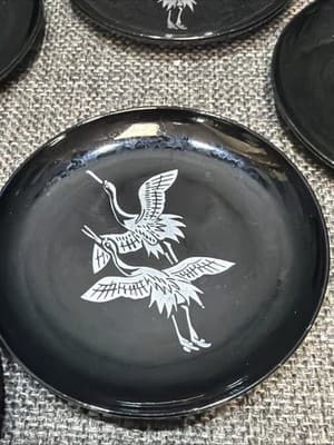 Vintage Japan Air Lines Coasters Black Lacquer Gold Silver Cranes Box Set of 6 - Thumbnail 6