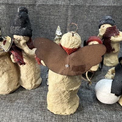 10 Pc Rustic Paper Mache Clay Look Snowman Choir Sleds Christmas Tree Figurines - Thumbnail 18
