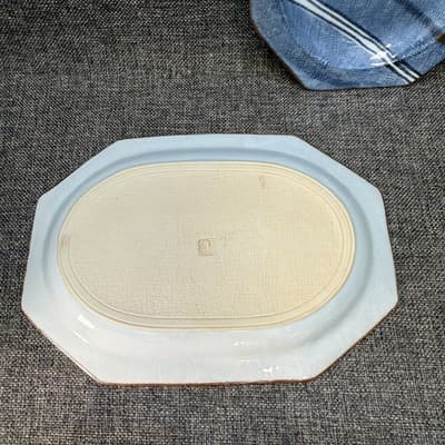 Vintage Japanese Mino Ware Ensho Kiln Ceramic Platter Pair 10” Kato Shozan Blue - Thumbnail 7
