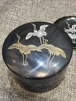 Vintage Japan Air Lines Coasters Black Lacquer Gold Silver Cranes Box Set of 6 - Thumbnail 8