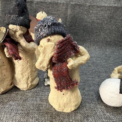 10 Pc Rustic Paper Mache Clay Look Snowman Choir Sleds Christmas Tree Figurines - Thumbnail 20
