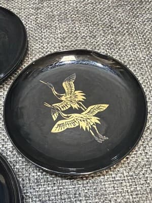 Vintage Japan Air Lines Coasters Black Lacquer Gold Silver Cranes Box Set of 6 - Thumbnail 5